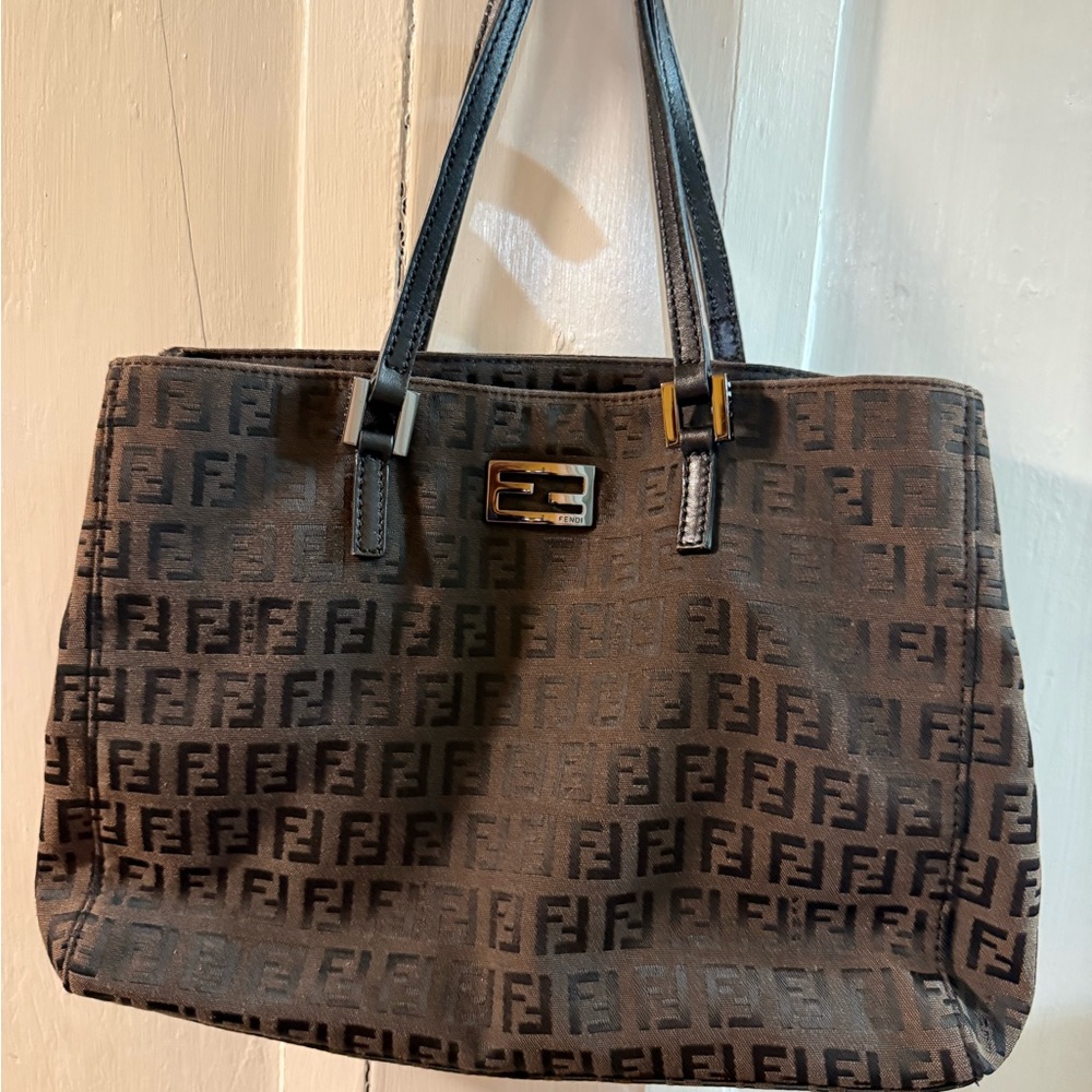 Fendi Black Brown Zucca Tote with Gold-Tone Logo Vintage - Picture 2 of 6